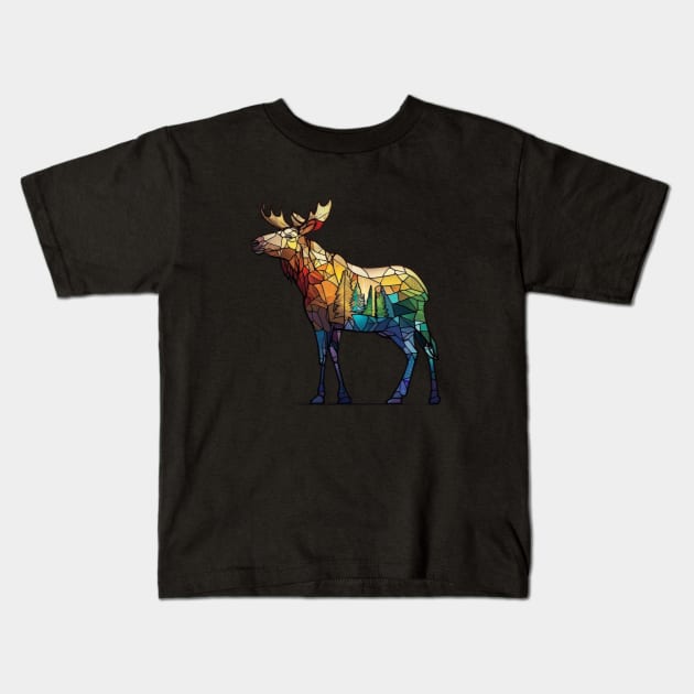 Moose Animal Portrait Stained Glass Wildlife Outdoors Adventure Kids T-Shirt by Cubebox